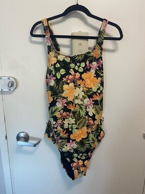 Hurley Black Floral One-Piece Swimsuit with Yellow & Pink Accents